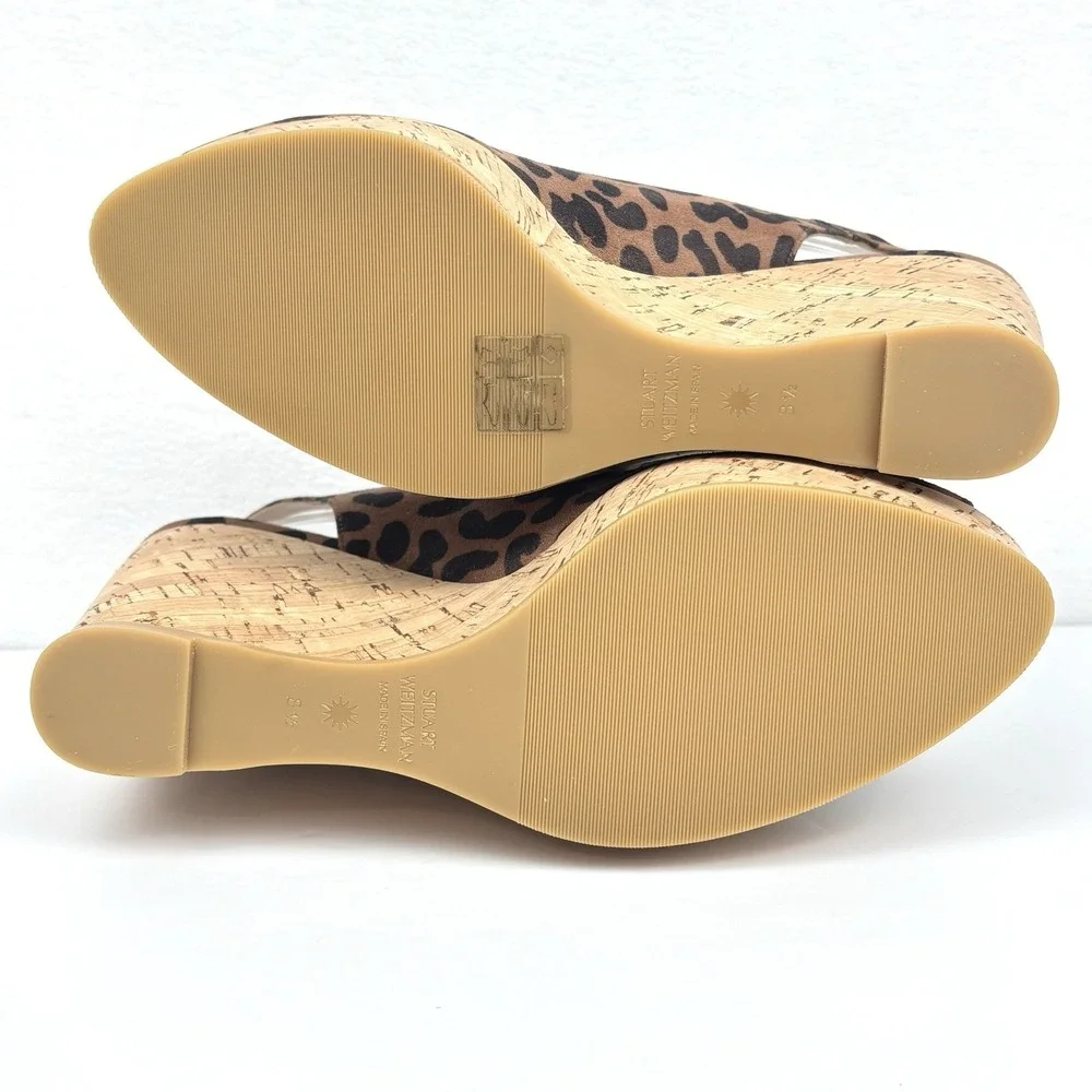 Stuart Weitzman Jean Leopard Cork Slingback Peep Toe Wedge Platform Sandals 8.5M